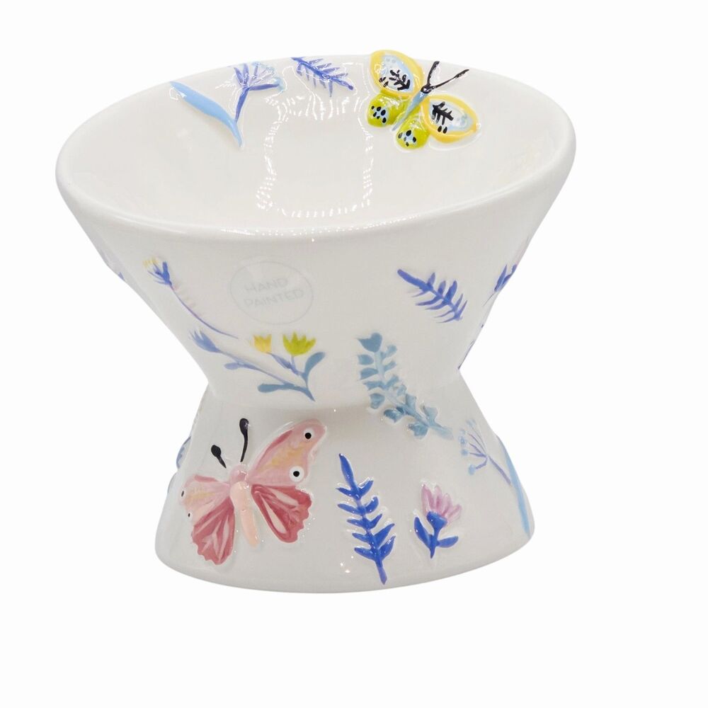 Mellow & Mod Raised Ceramic Cat Food Water Bowl Butterfly Embossed Hand Painted
